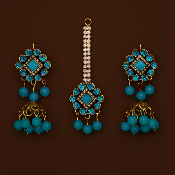 Artificial Jhumkay & Bindya Set With Blue Stones