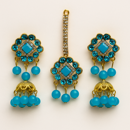 Artificial Jhumkay & Bindya Set With Blue Stones