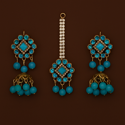 Artificial Jhumkay & Bindya Set With Blue Stones